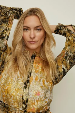 New Oasis Metallic Bird Printed Midi Dress Ochre