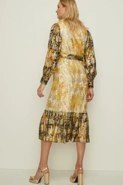 New Oasis Metallic Bird Printed Midi Dress Ochre