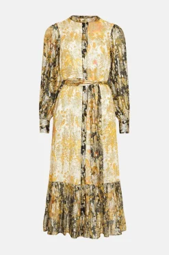 New Oasis Metallic Bird Printed Midi Dress Ochre