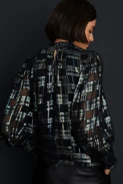 Hot Oasis Metallic Check Shirred High Neck Blouse Black