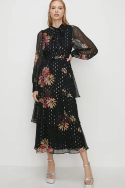 Hot Oasis Metallic Chiffon Floral Print Tiered Midi Dress Black