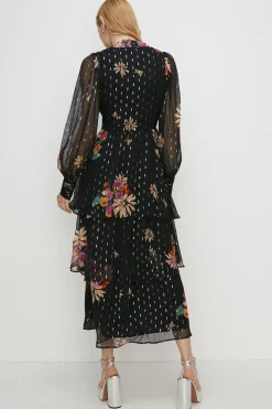 Hot Oasis Metallic Chiffon Floral Print Tiered Midi Dress Black