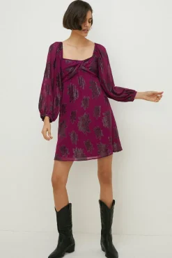 New Oasis Metallic Chiffon Mini Dress Berry