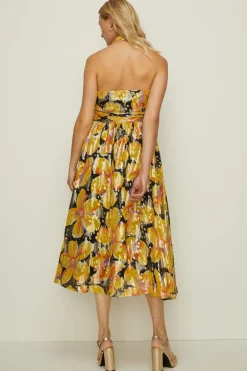 Clearance Oasis Metallic Floral Halter Split Midi Dress Black
