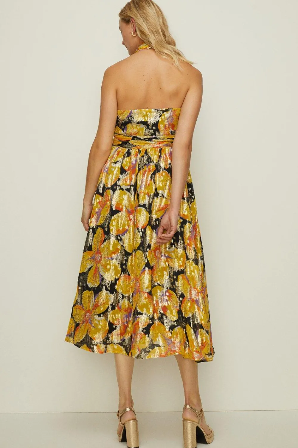 Clearance Oasis Metallic Floral Halter Split Midi Dress Black