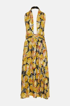 Clearance Oasis Metallic Floral Halter Split Midi Dress Black
