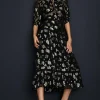 Outlet Oasis Metallic Floral Jacquard Lace Trim Midi Dress Black