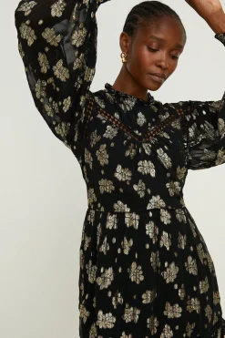 New Oasis Metallic Floral Jacquard Lace Trim Skater Dress Black