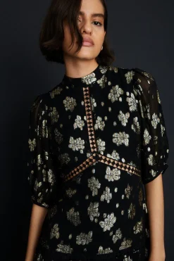 Outlet Oasis Metallic Floral Jacquard Lace Trim Midi Dress Black