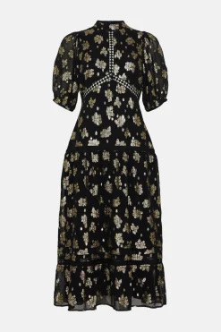 Outlet Oasis Metallic Floral Jacquard Lace Trim Midi Dress Black