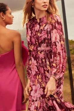Fashion Oasis Metallic Floral Open Back Tiered Maxi Dress Berry