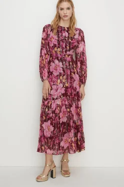 Fashion Oasis Metallic Floral Open Back Tiered Maxi Dress Berry