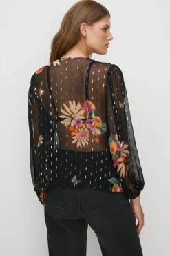 Best Oasis Metallic Floral Pussybow Blouse Black