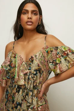 Discount Oasis Metallic Frill Cold Shoulder Midi Dress Multi