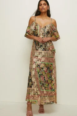 Discount Oasis Metallic Frill Cold Shoulder Midi Dress Multi