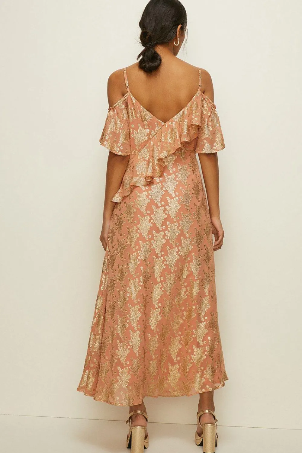 New Oasis Metallic Frill Cold Shoulder Midi Dress Sage