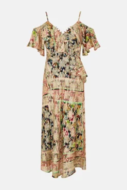 Discount Oasis Metallic Frill Cold Shoulder Midi Dress Multi