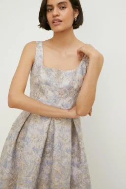 Fashion Oasis Metallic Jacquard Full Skirted Midi Dress Gold