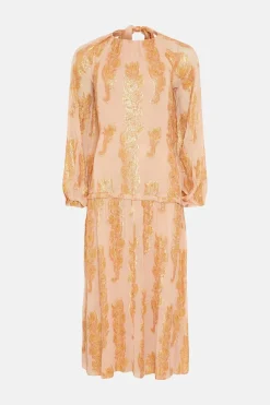 New Oasis Metallic Jacquard Volume Sleeve Midi Dress Blush