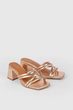 Fashion Oasis Metallic Multi Strap Detail Mule Block Heel Rose Gold