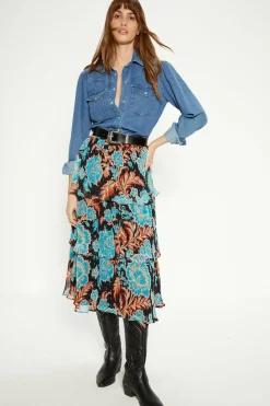 New Oasis Metallic Paisley Print Tiered Skirt Black