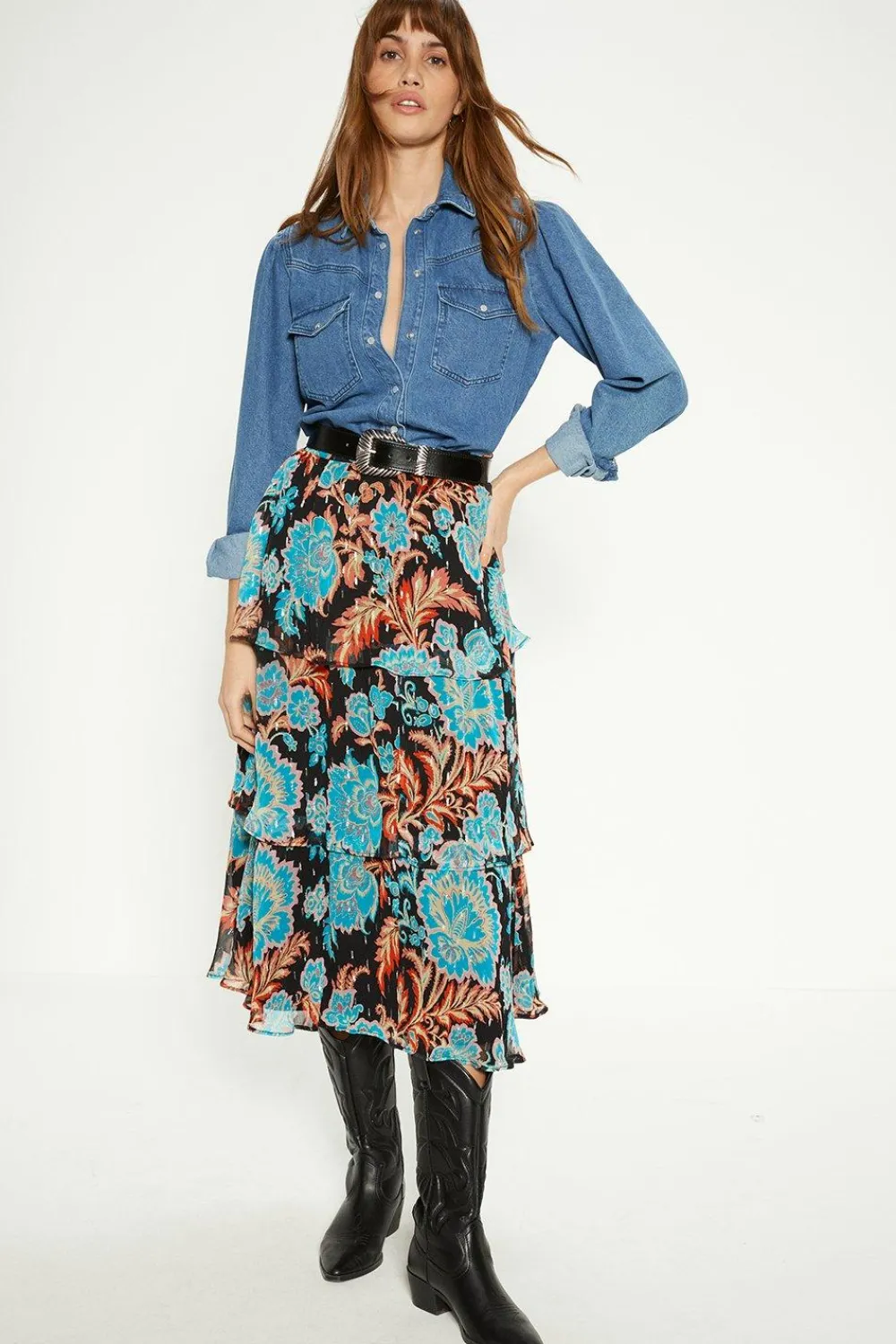 New Oasis Metallic Paisley Print Tiered Skirt Black