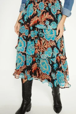 New Oasis Metallic Paisley Print Tiered Skirt Black