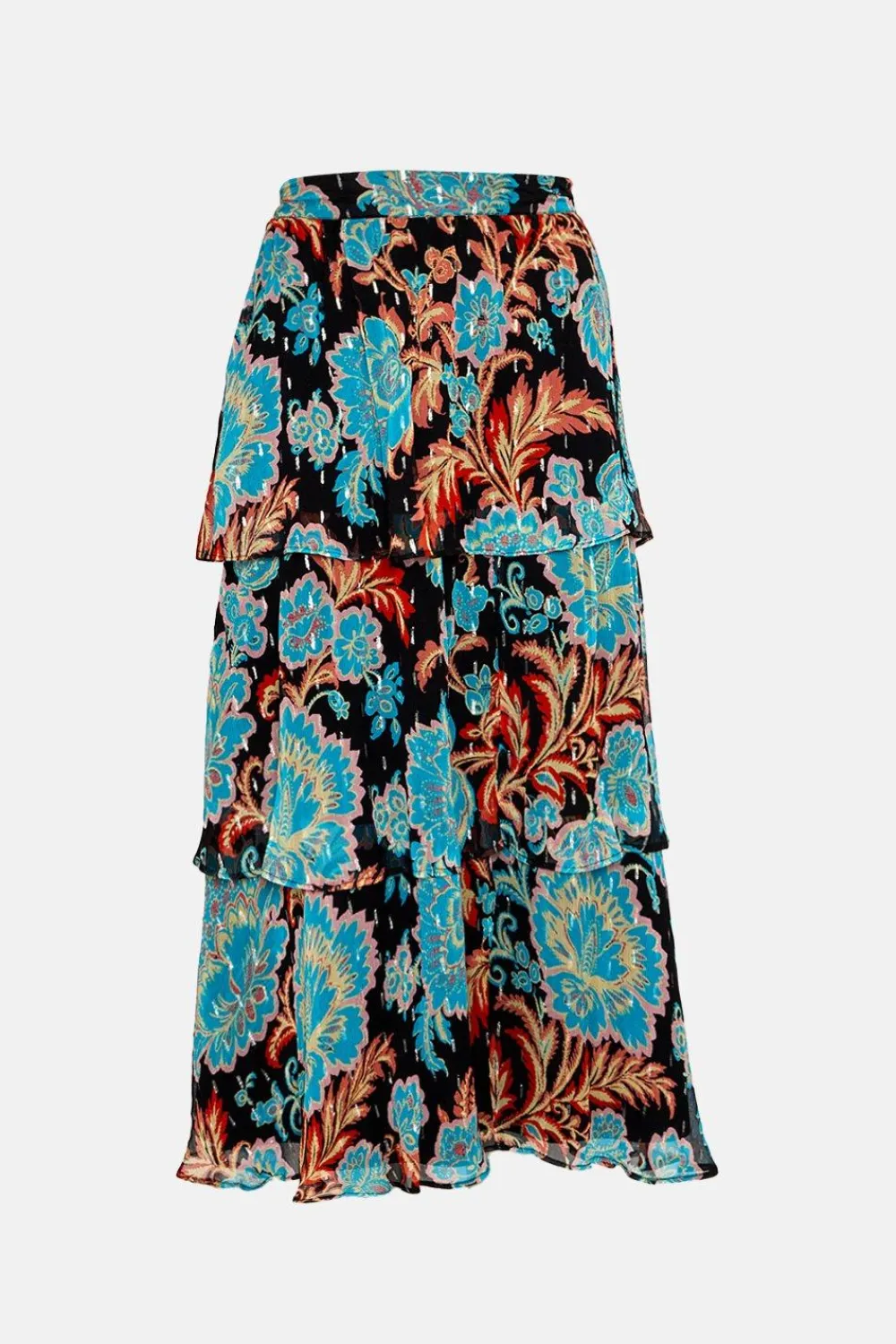 New Oasis Metallic Paisley Print Tiered Skirt Black