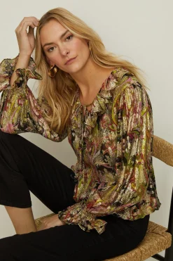 Sale Oasis Metallic Paisley Printed Ruffle Blouse Multi