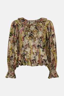 Sale Oasis Metallic Paisley Printed Ruffle Blouse Multi