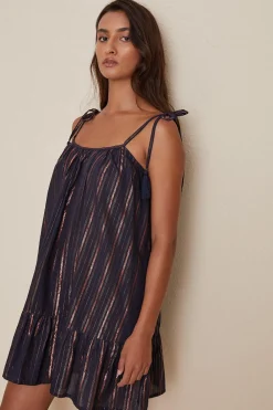 Best Oasis Metallic Stripe Tassle Mini Beach Dress Navy