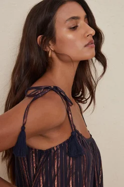 Best Oasis Metallic Stripe Tassle Mini Beach Dress Navy