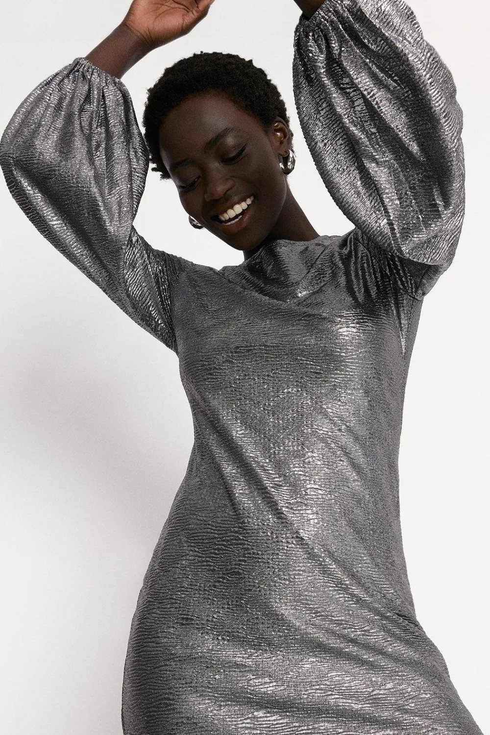 Sale Oasis Metallic Textured Balloon Sleeve Dress Black