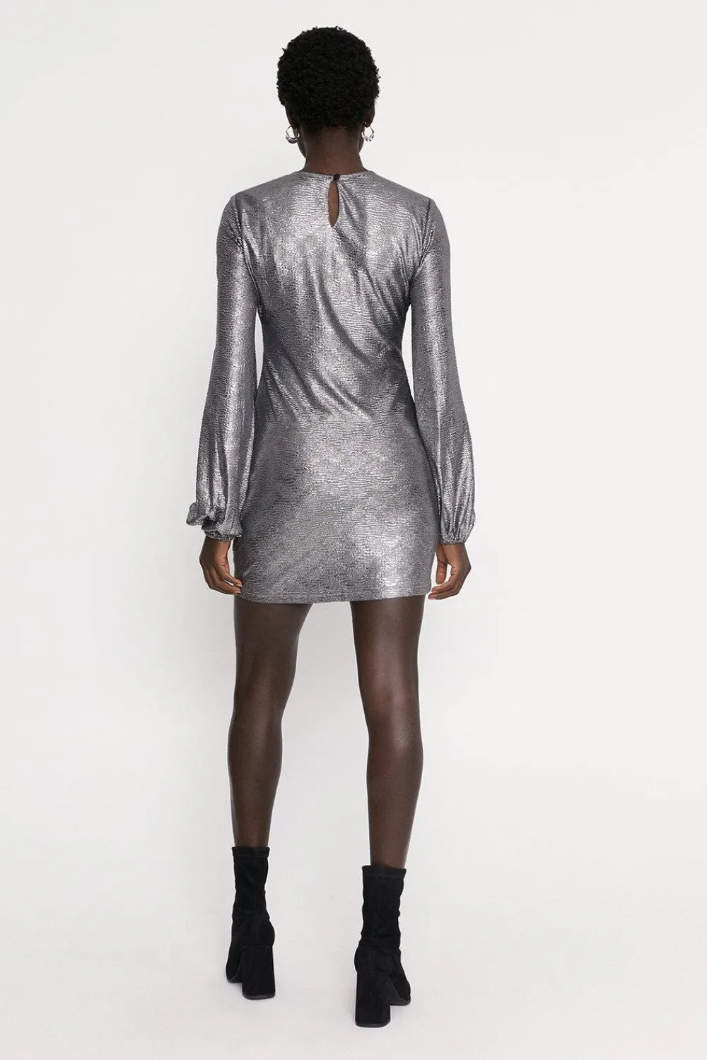 Sale Oasis Metallic Textured Balloon Sleeve Dress Black