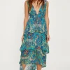 Outlet Oasis Metallic Tonal Paisley Tiered Midaxi Dress Blue