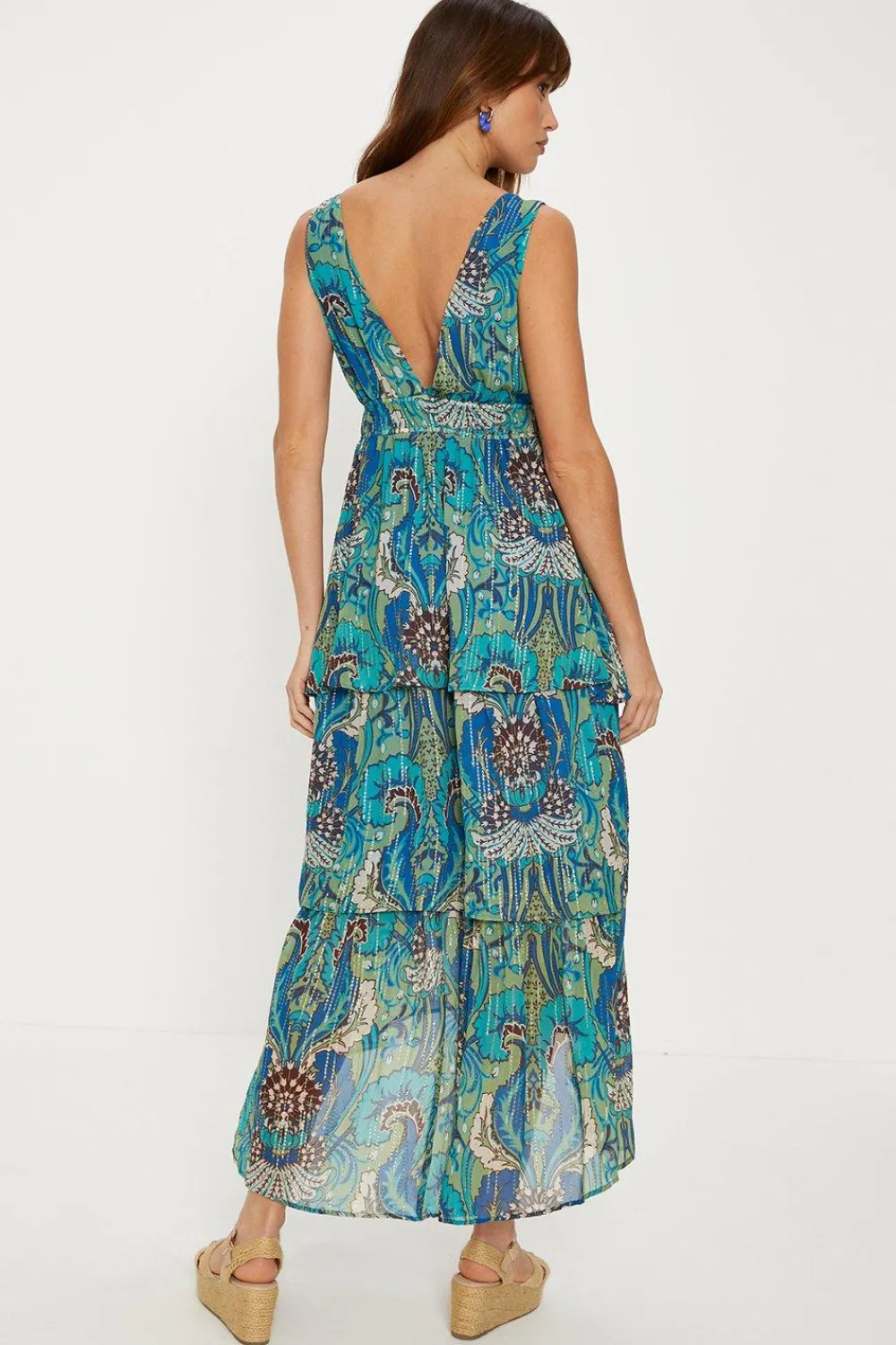 Outlet Oasis Metallic Tonal Paisley Tiered Midaxi Dress Blue