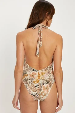Fashion Oasis Metallic Tropical Animal Print Plunge Swimsuit Neutral