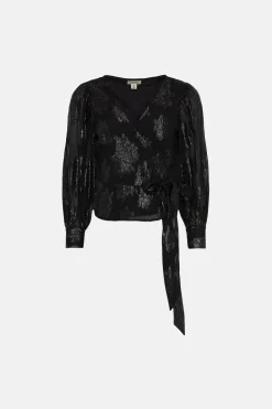 Best Oasis Metallic Wrap Front Blouse Black