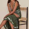 Outlet Oasis Mirrored Embroidered Plunge Dip Hem Dress Khaki