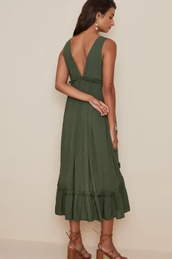 Outlet Oasis Mirrored Embroidered Plunge Dip Hem Dress Khaki