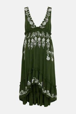 Outlet Oasis Mirrored Embroidered Plunge Dip Hem Dress Khaki
