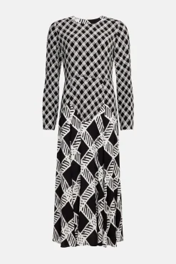 Hot Oasis Mixed Check Zig Zag Seam Midi Dress Mono