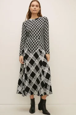 Hot Oasis Mixed Check Zig Zag Seam Midi Dress Mono