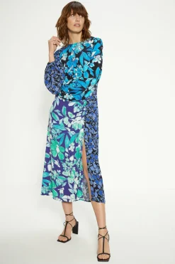 Discount Oasis Mixed Floral Ruched Front Midi Dress Blue