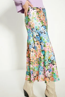 New Oasis Mixed Floral Satin Bias Midi Skirt Multi