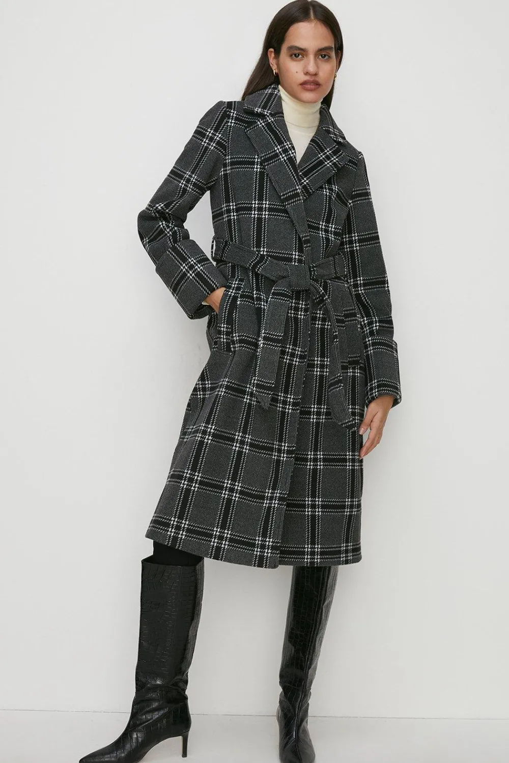 Fashion Oasis Mono Check Belted Wrap Turn Up Cuff Coat Black
