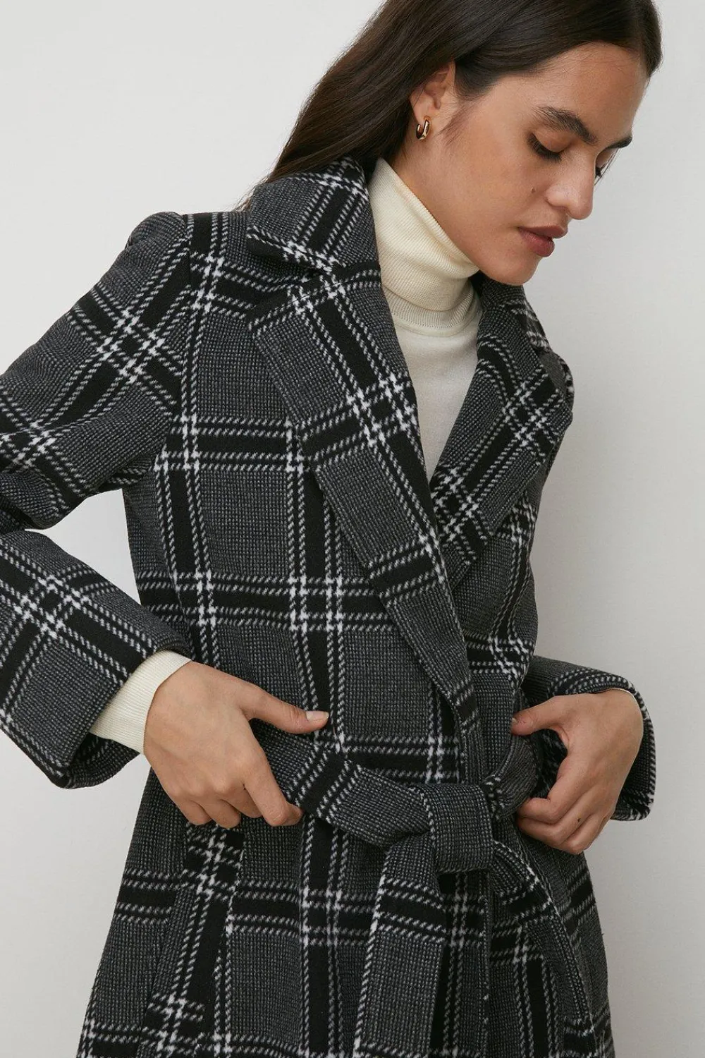 Fashion Oasis Mono Check Belted Wrap Turn Up Cuff Coat Black