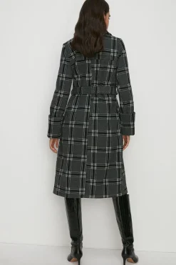 Fashion Oasis Mono Check Belted Wrap Turn Up Cuff Coat Black