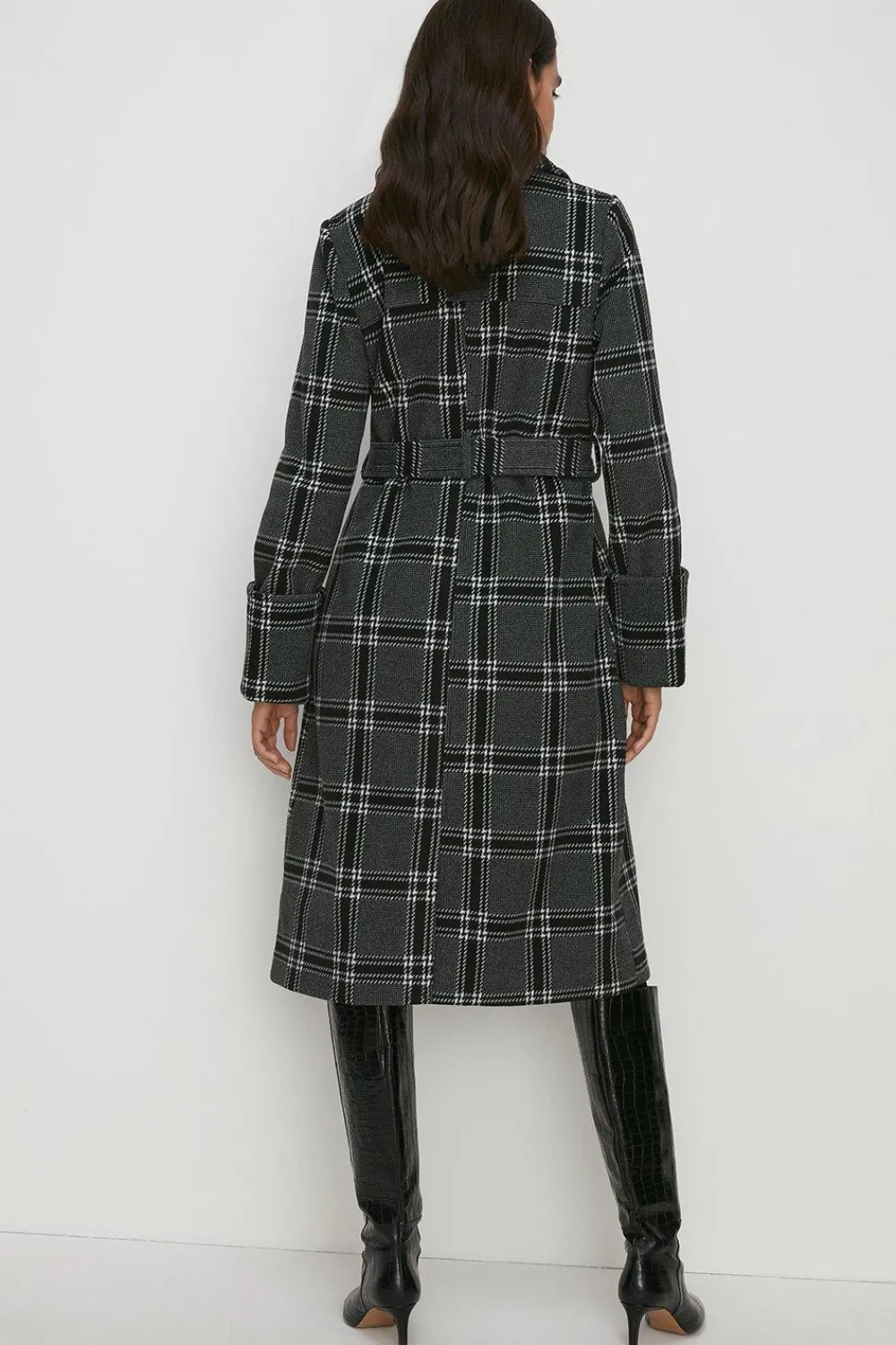 Fashion Oasis Mono Check Belted Wrap Turn Up Cuff Coat Black