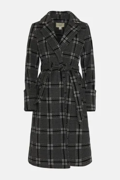 Fashion Oasis Mono Check Belted Wrap Turn Up Cuff Coat Black